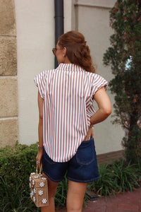 Karlie | Brown Stripe Bubble Slv Button Up Top