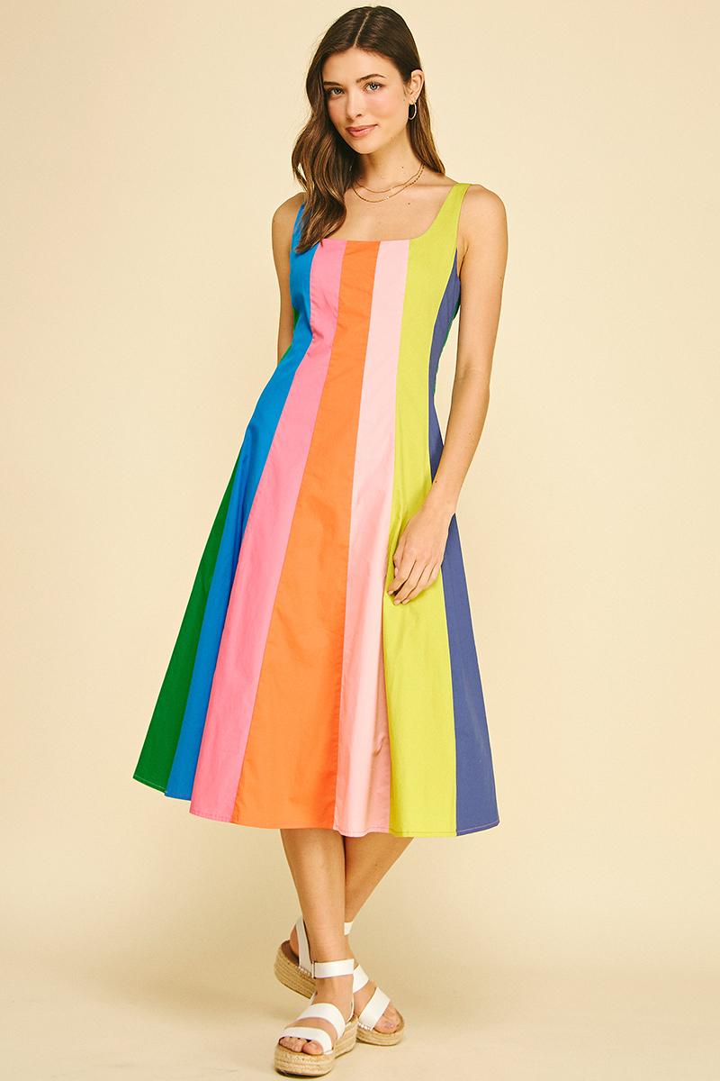 Rainbow Colorblock A-Line Midi Dress (LARGE)
