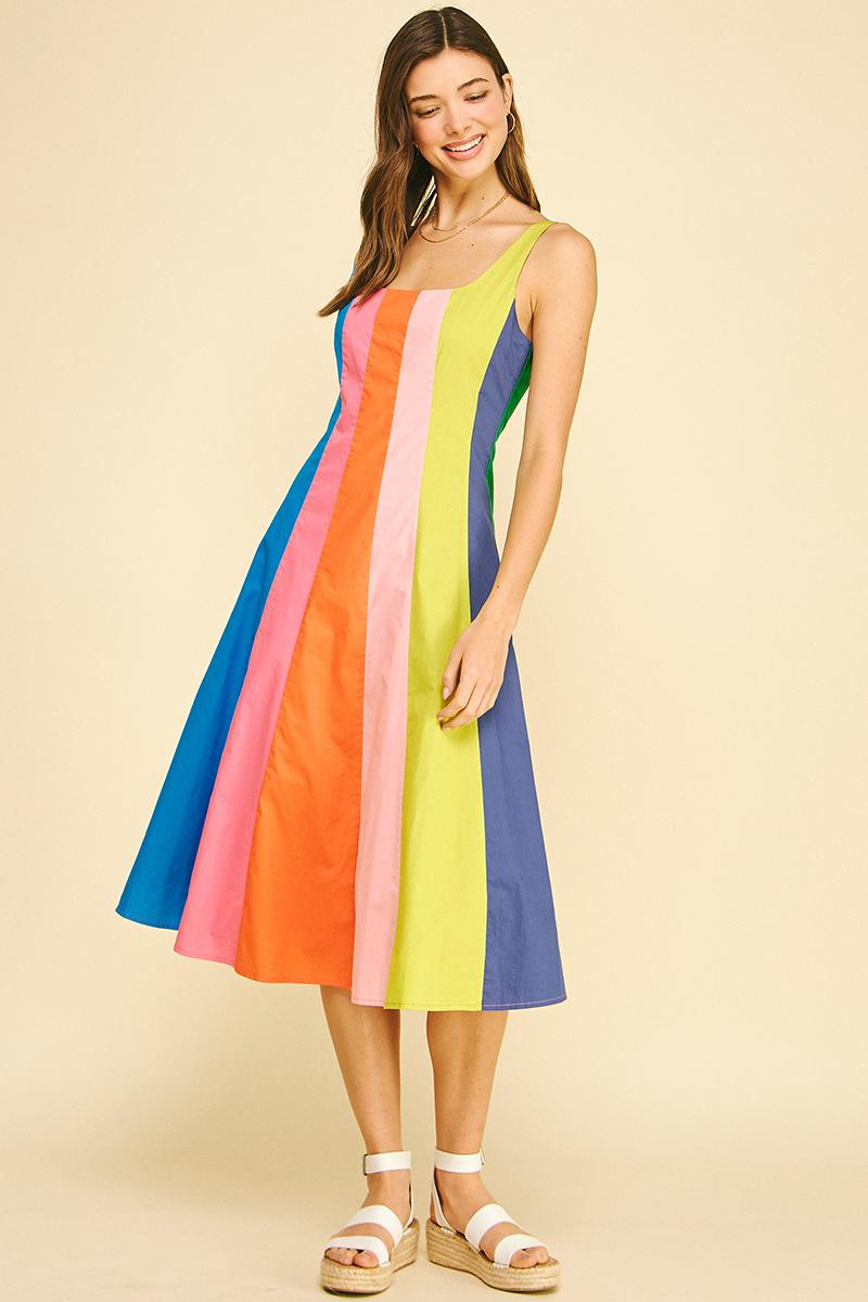 Rainbow Colorblock A-Line Midi Dress (LARGE)