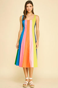Rainbow Colorblock A-Line Midi Dress (LARGE)
