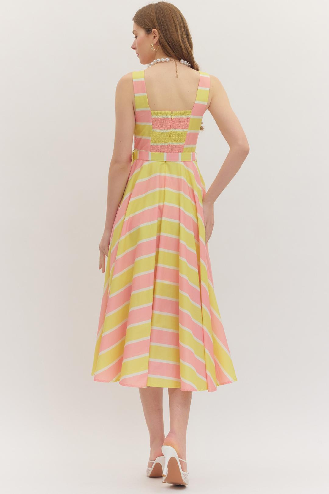 Yellow Stripe Belted Midi Dress