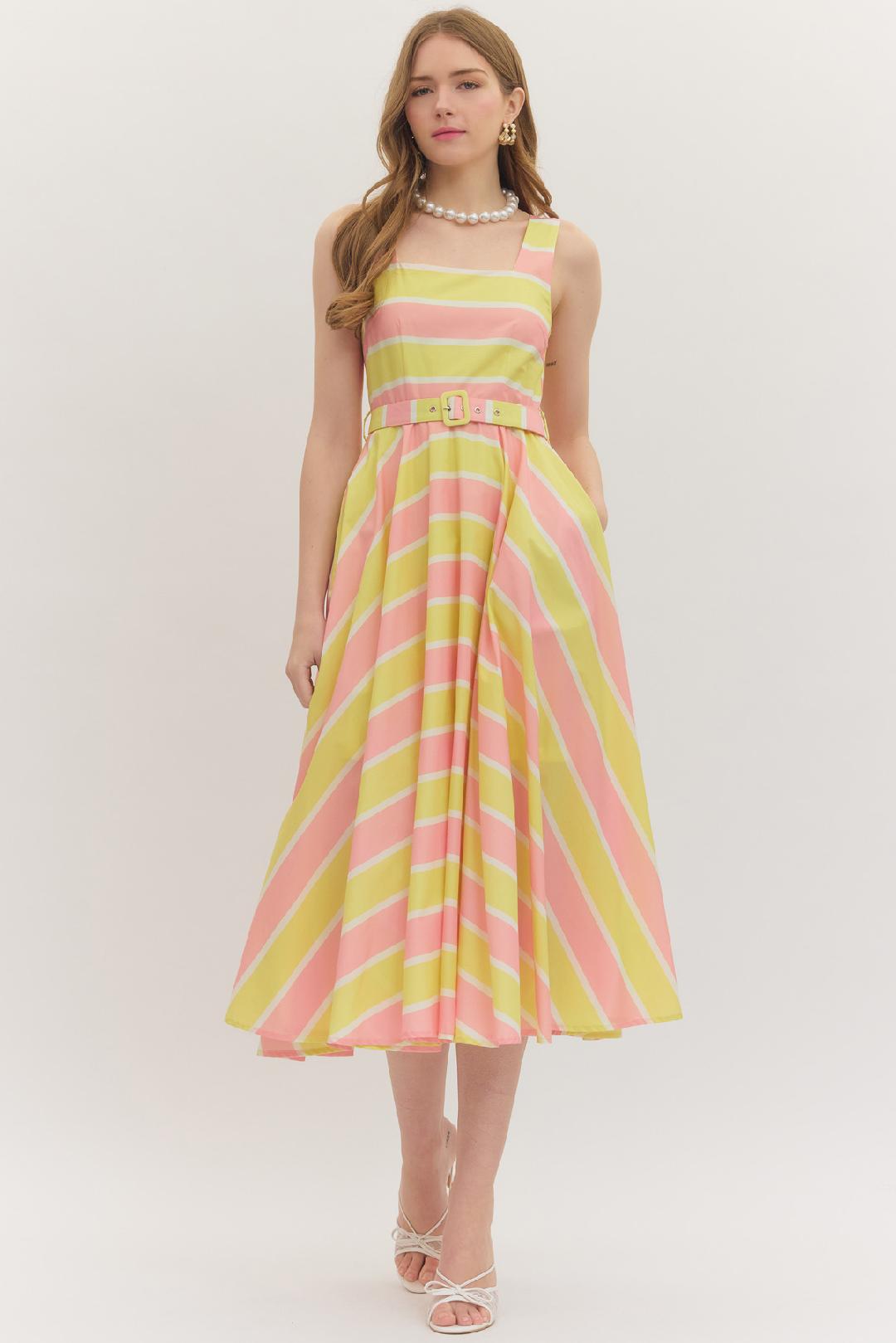 Yellow Stripe Belted Midi Dress