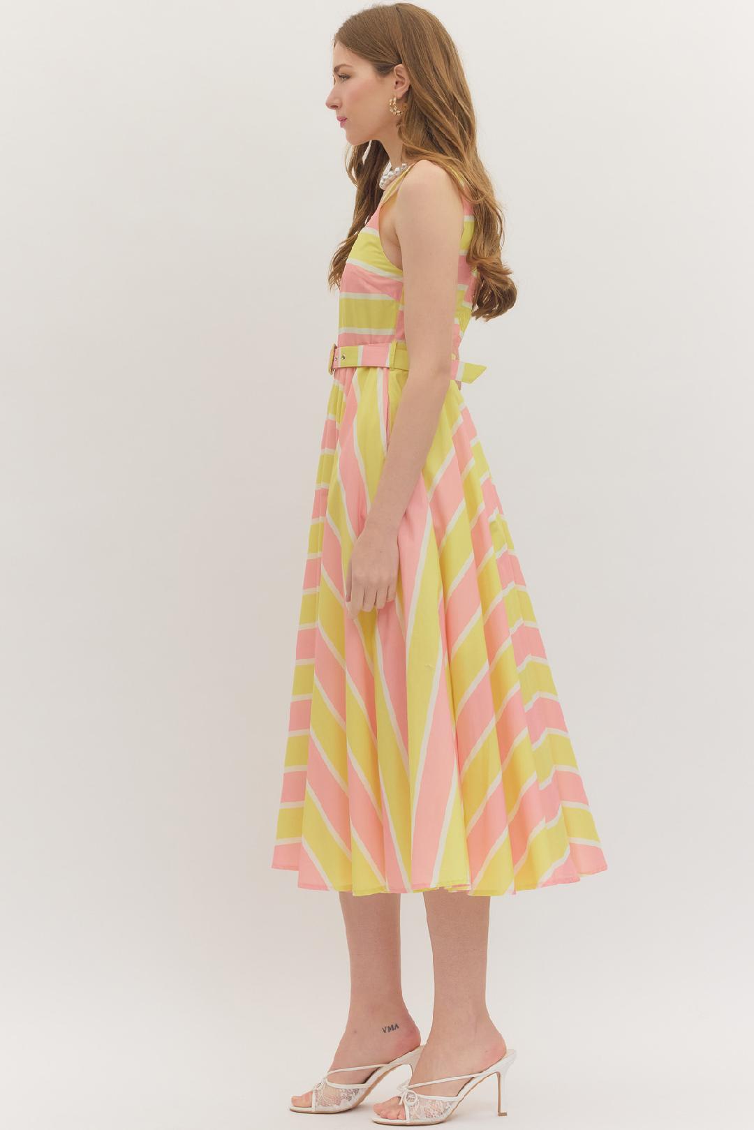 Yellow Stripe Belted Midi Dress