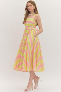 Yellow Stripe Belted Midi Dress