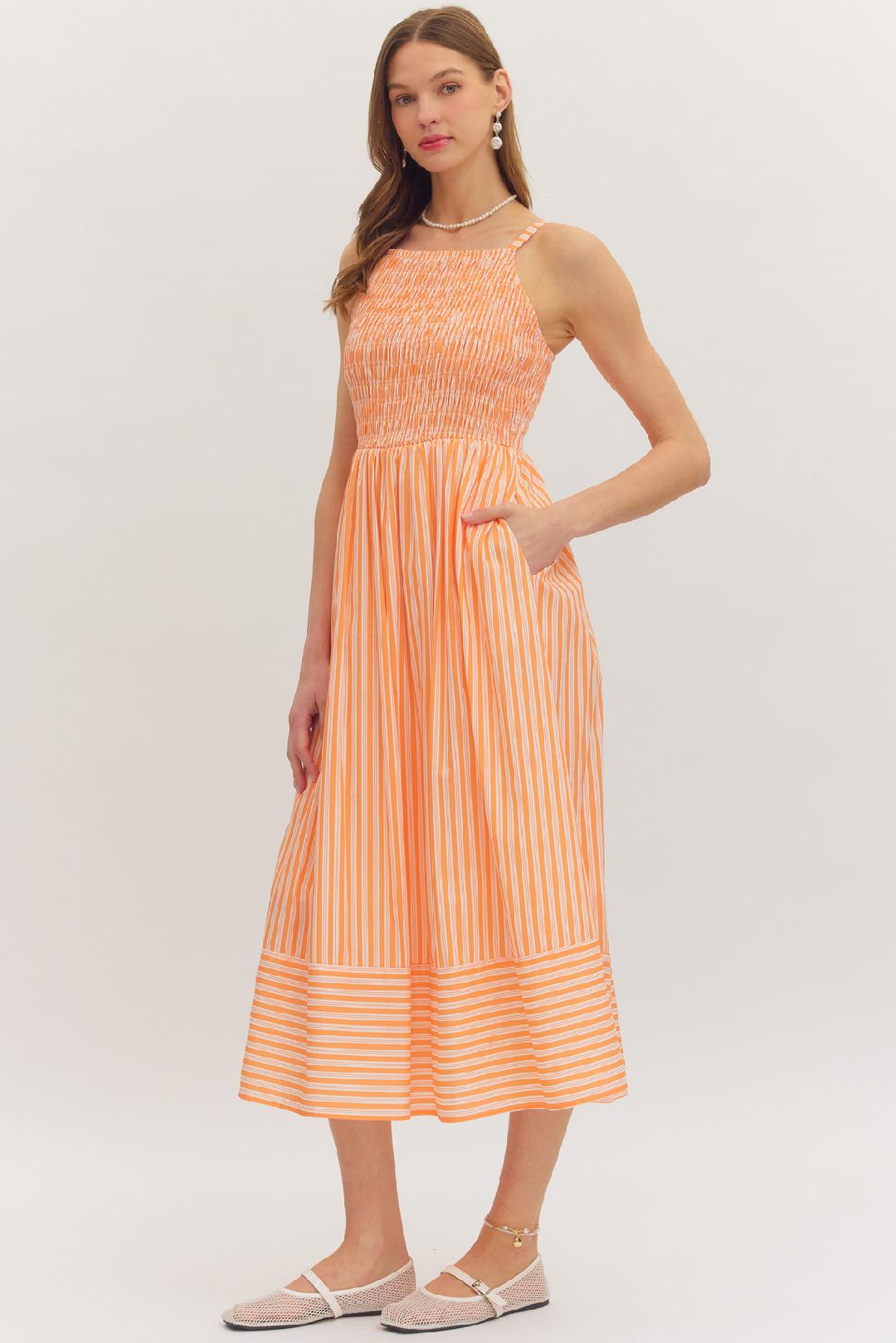 Orange Stripe Smocked Bust Midi Dress