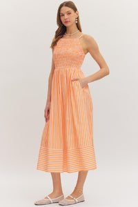 Orange Stripe Smocked Bust Midi Dress