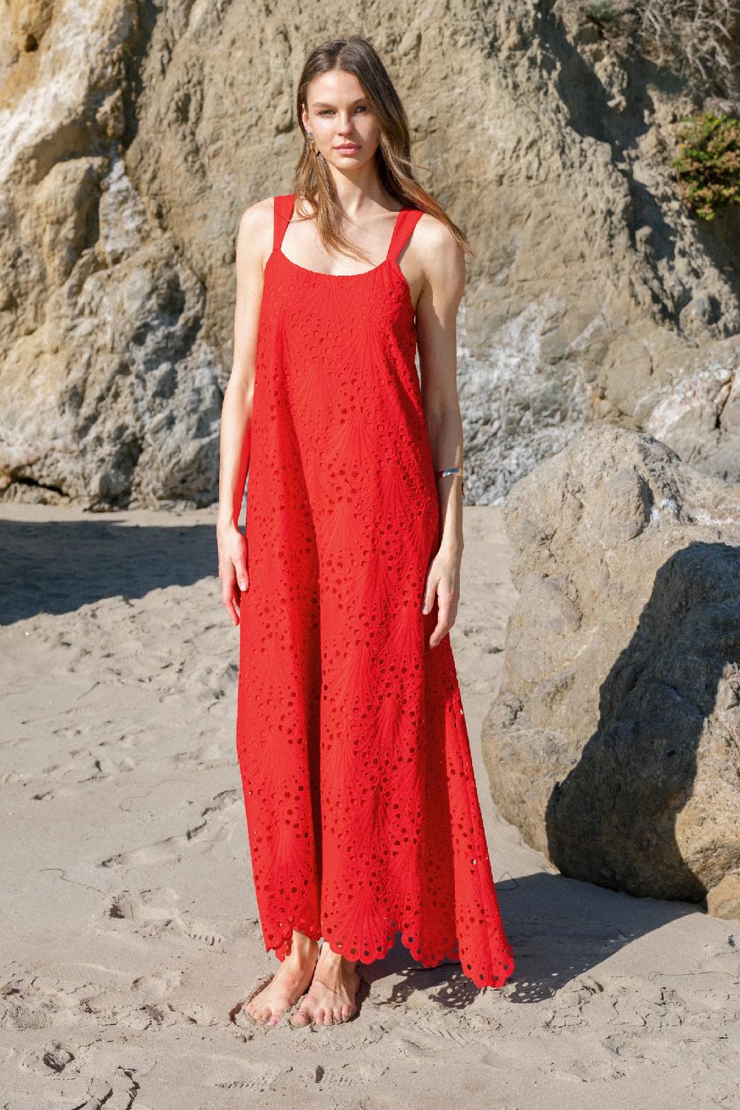 Red Eyelet Maxi Dress
