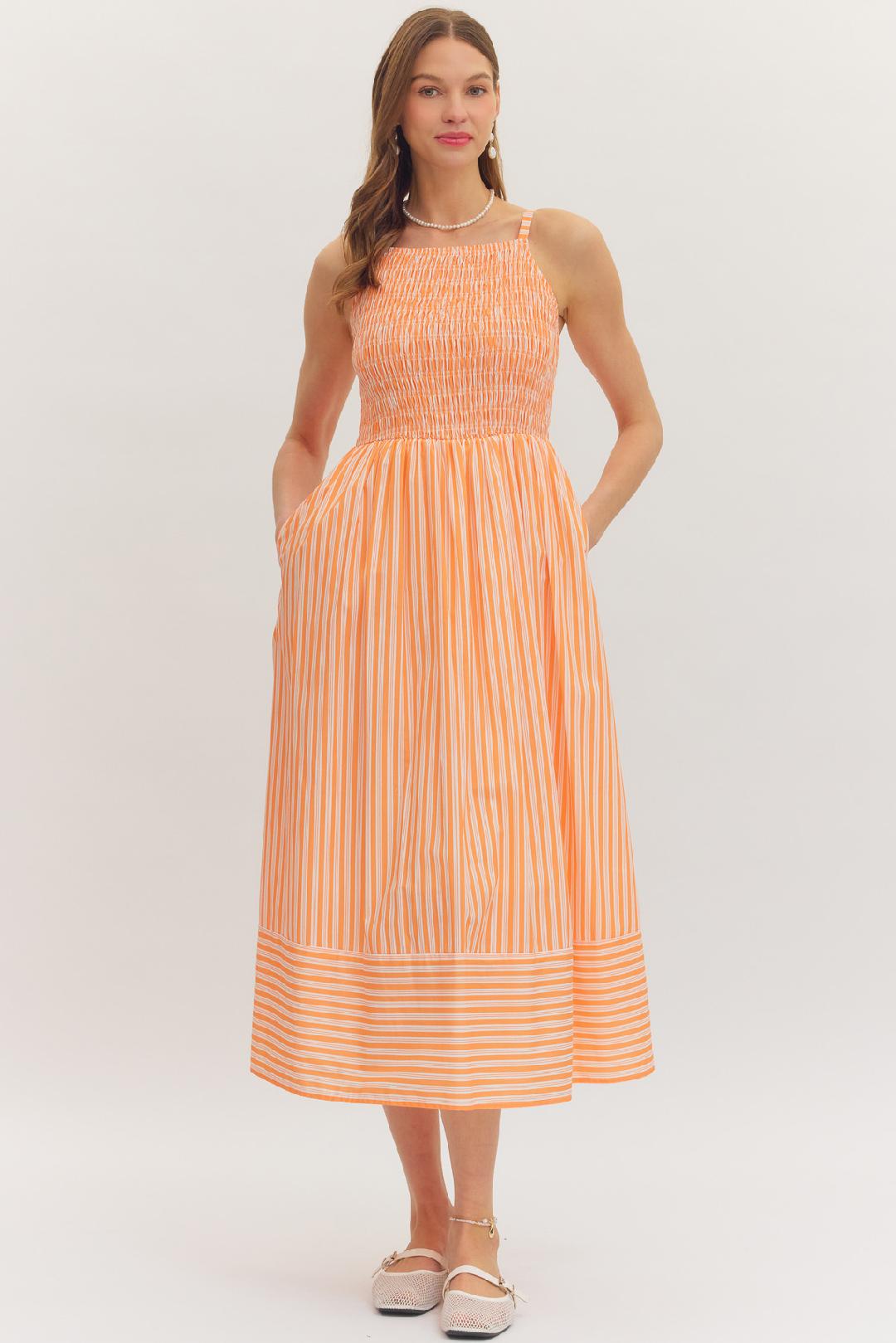Orange Stripe Smocked Bust Midi Dress