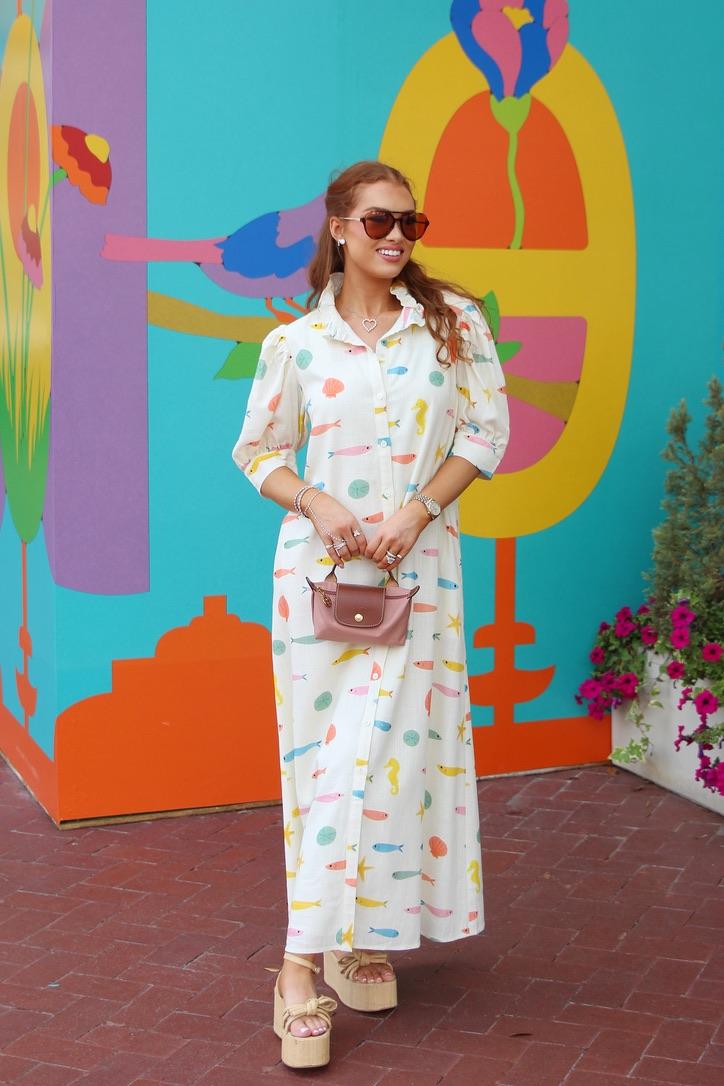 Karlie | Ivory Multi Fish Ruffle Neck Shirt Maxi Dress