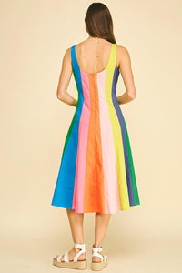 Rainbow Colorblock A-Line Midi Dress (LARGE)