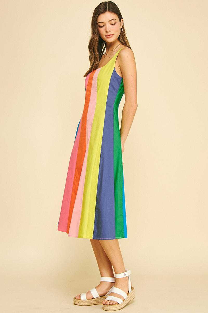 Rainbow Colorblock A-Line Midi Dress (LARGE)