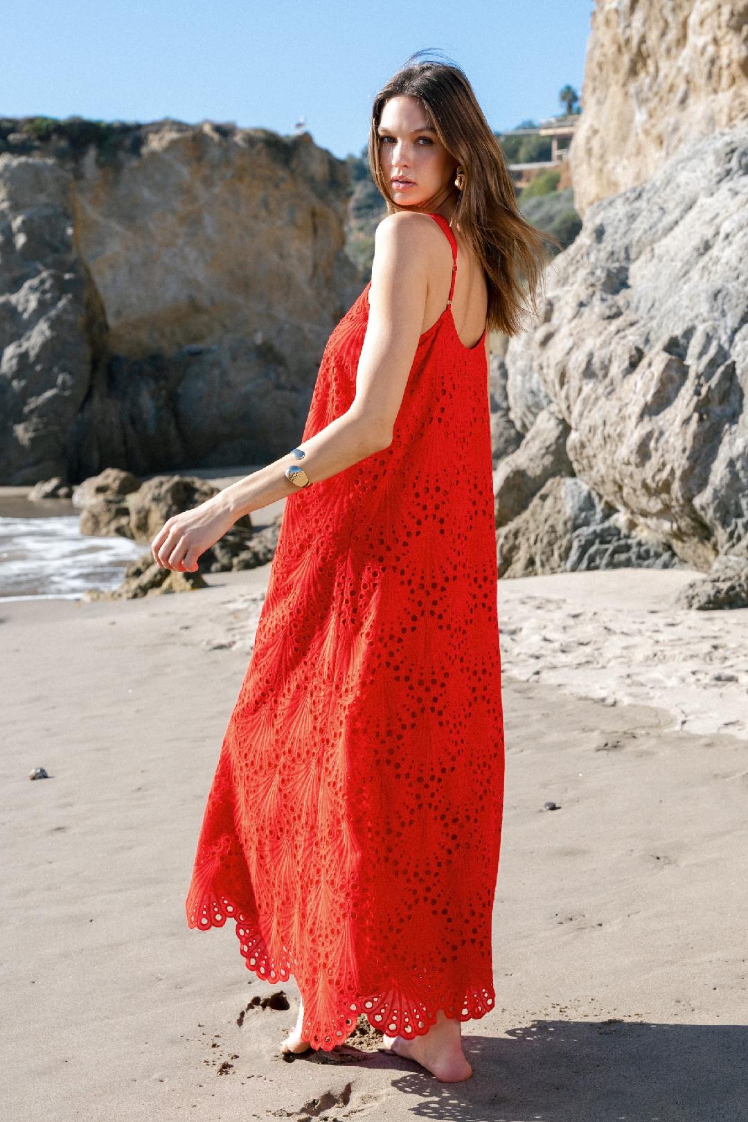 Red Eyelet Maxi Dress