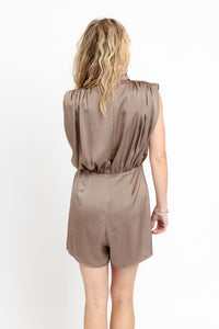 Karlie | Brown Solid Satin Drape Romper *BEST SELLER*