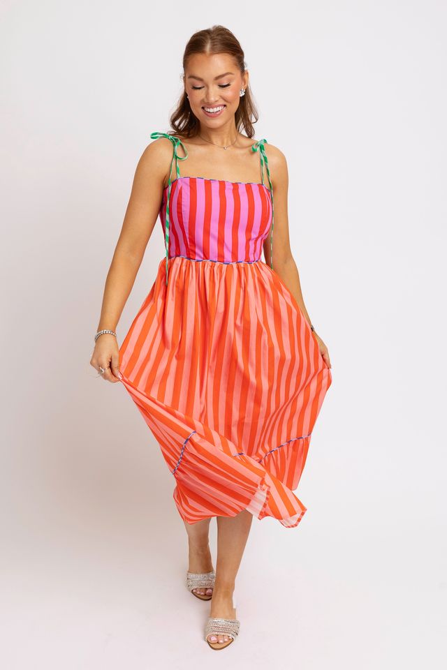 Karlie | Fuschia Stripe Color Block Tie Shoulder Maxi Dress