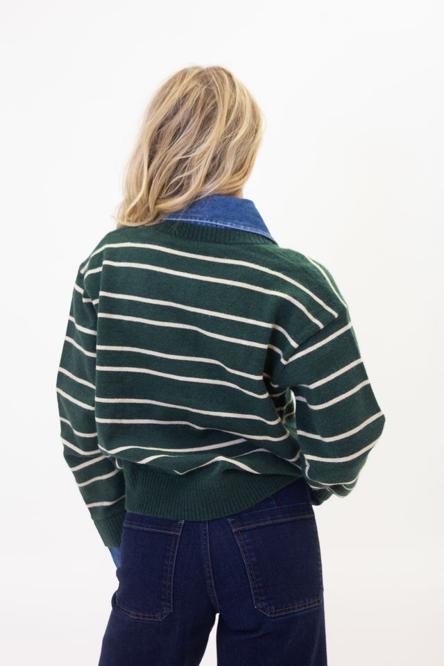 Karlie | Stripe Varsity Denim Collar Sweater