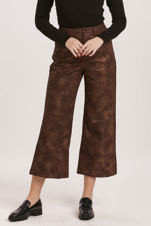 Dear John Audrey Super High Rise Brown Shimmer Vegan Leather Wide Leg Pants