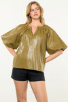 THML Olive Pleather Puff Sleeve Top