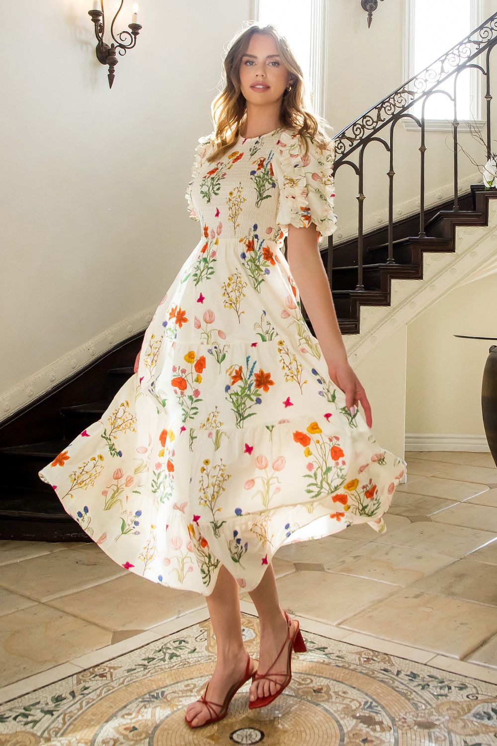 THML Cream Floral Puff Sleeve Maxi Dress