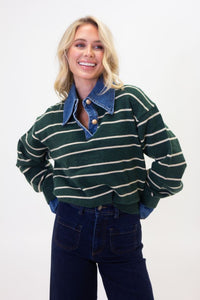 Karlie | Stripe Varsity Denim Collar Sweater
