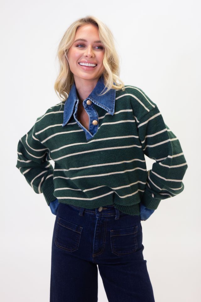 Karlie | Stripe Varsity Denim Collar Sweater